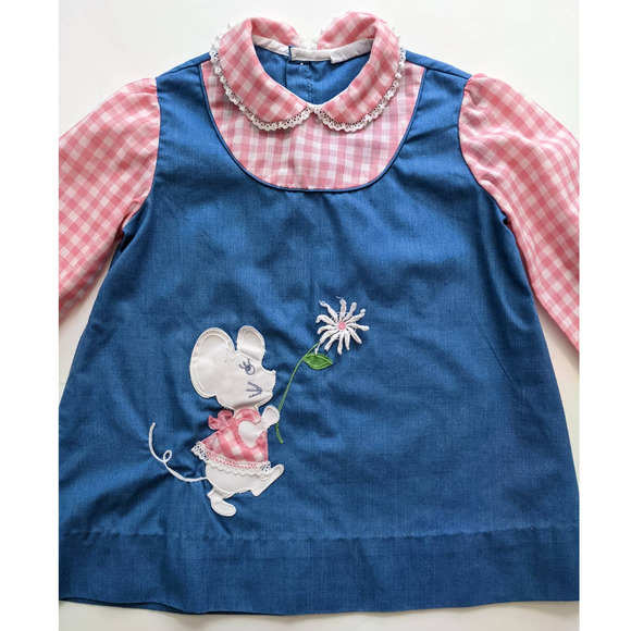 Vintage Girl's Jumper Dress Pink Gingham & Blue Cute Embroidered Mouse Detail - Picture 3 of 10